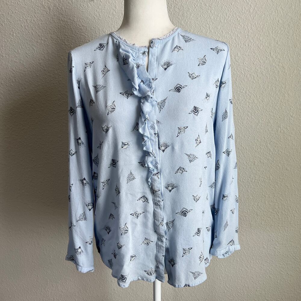 Hinge Blue Floral Button Front Ruffle Top Women's M Open Back  Long Sleeves